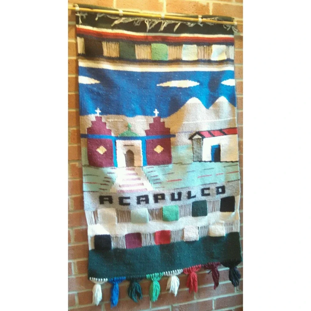 Vintage Mexican Wool Wall Hanging Rug with Fringe Acapulco Large 50 x 28